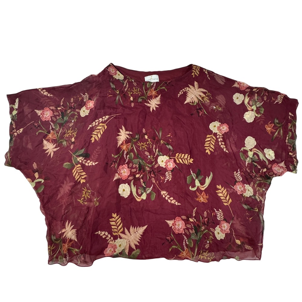 Belle France Floral Silk Blend Dolman Top Burgundy Made in Italy XL Boho Whimsy‎